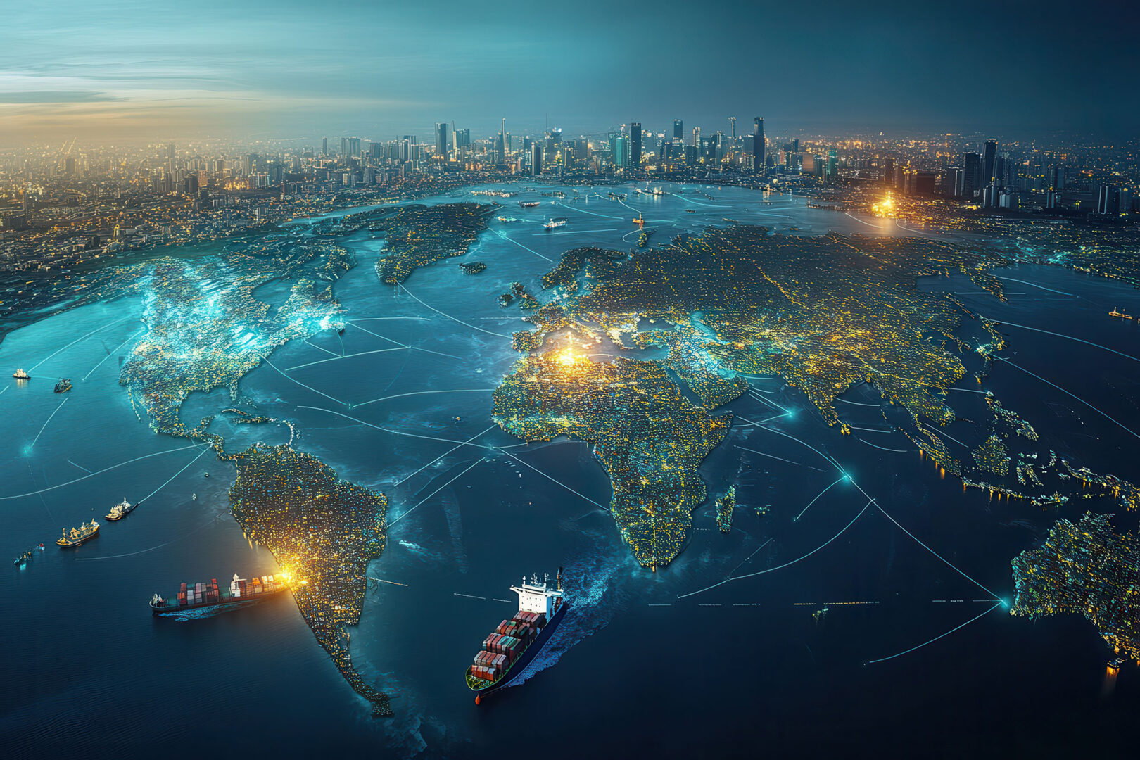 Global shipping containers representing real-time asset visibility and cargo security in transit powered by the Bloodhound Tracking Device.